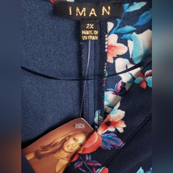 NWT Iman Navy Multicolor Floral VNeck 3/4 Sleeve Button Down Tie Up Shirt Sz 2X - Picture 4 of 11